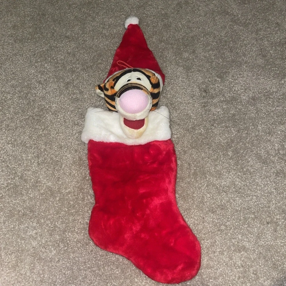 Disney Winnie the Pooh Tigger Plush Christmas Stocking Santa Hat Red Faux Fur